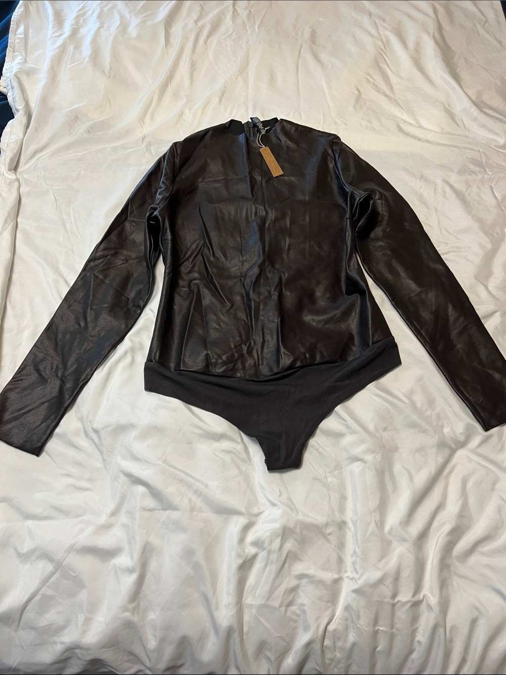 SKIMS Black Long-Sleeve Faux Leather Bodysuit